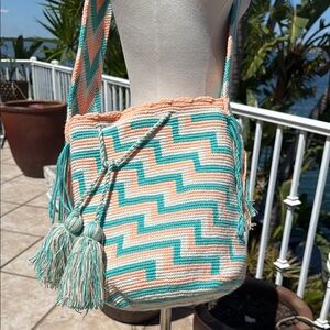 Chevron Patterned Woven Bag - Teal and Peach